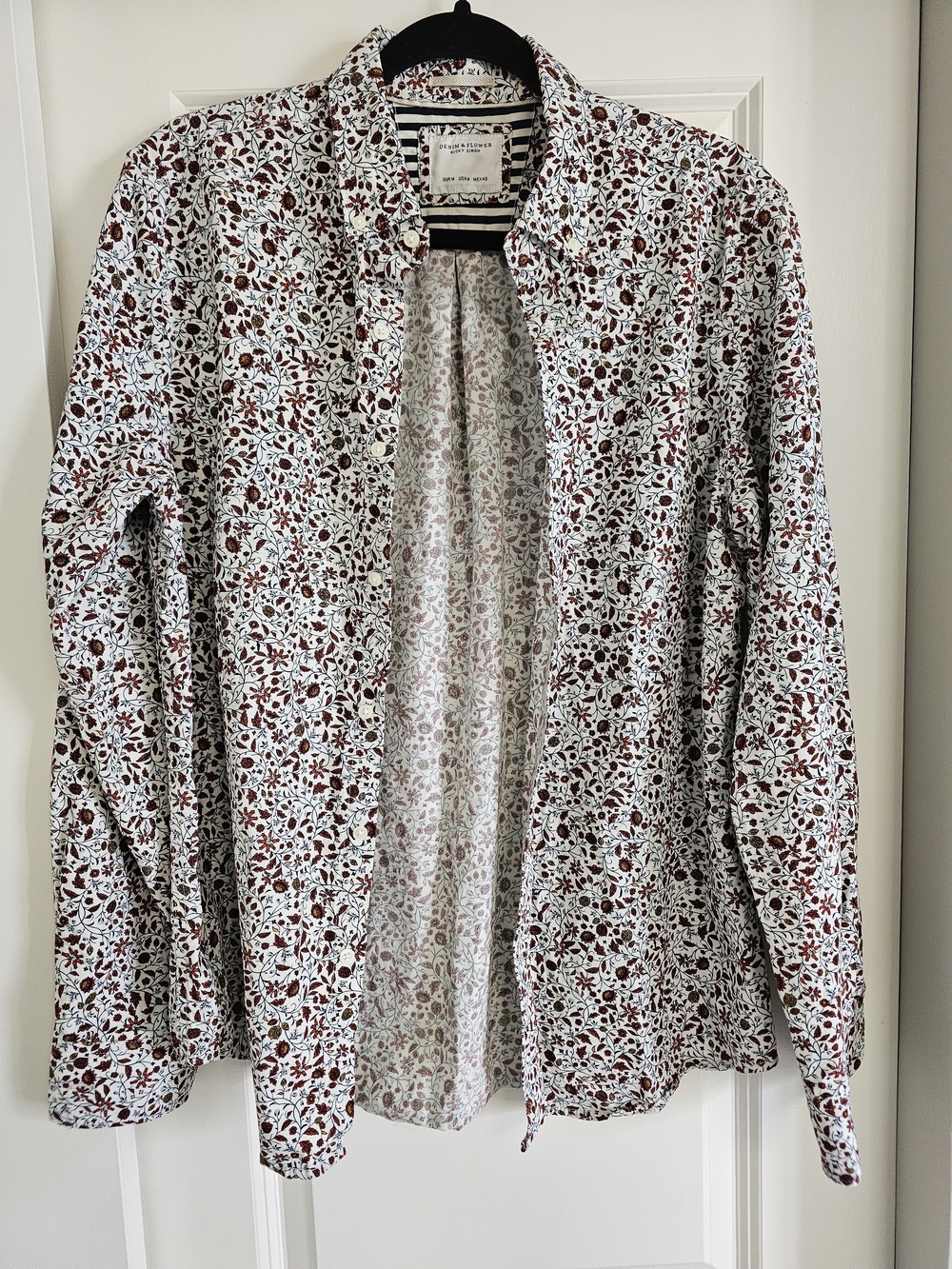 Denim & Flower RICKY SINGH White Shirt with Red & Navy Floral Trim